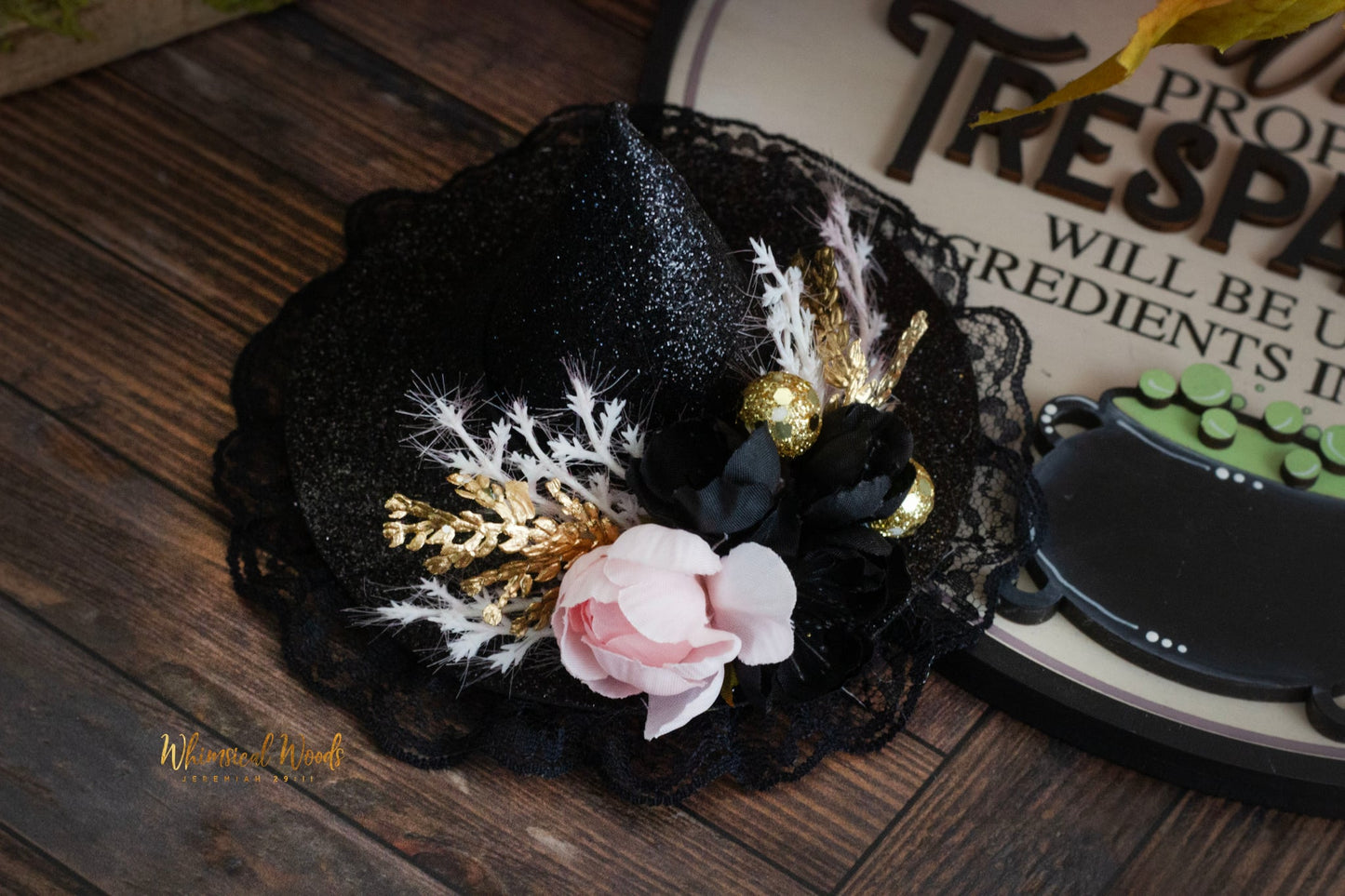 Fabulous Floral Mini Witch Hat pink black gold florals