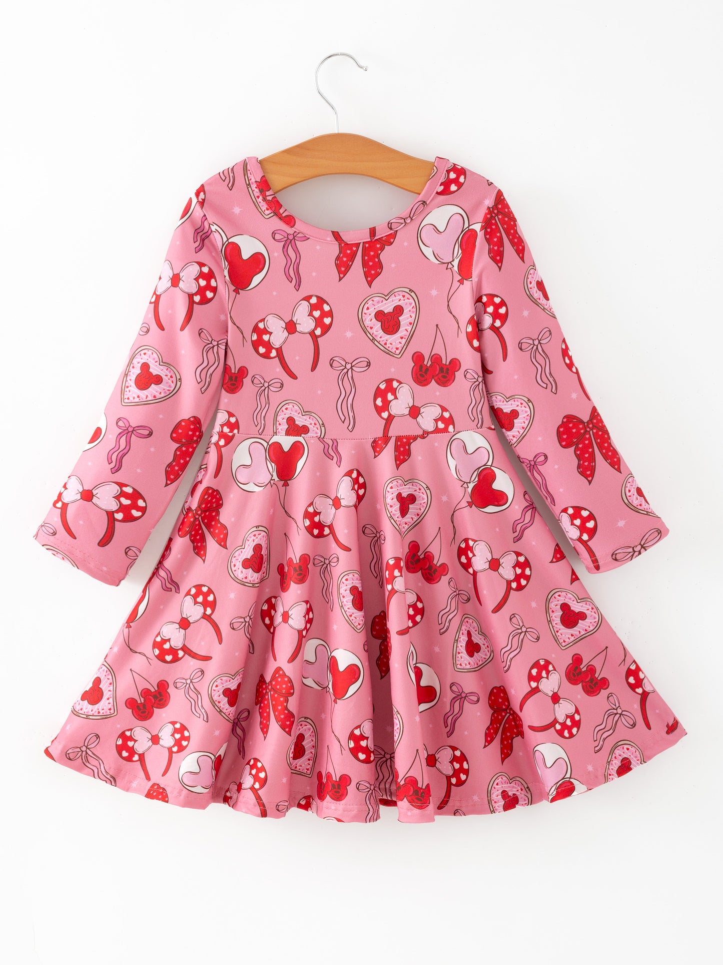 Toddler Girls Valentine Party Pink Dress – Red Bow Heart Print Outfit