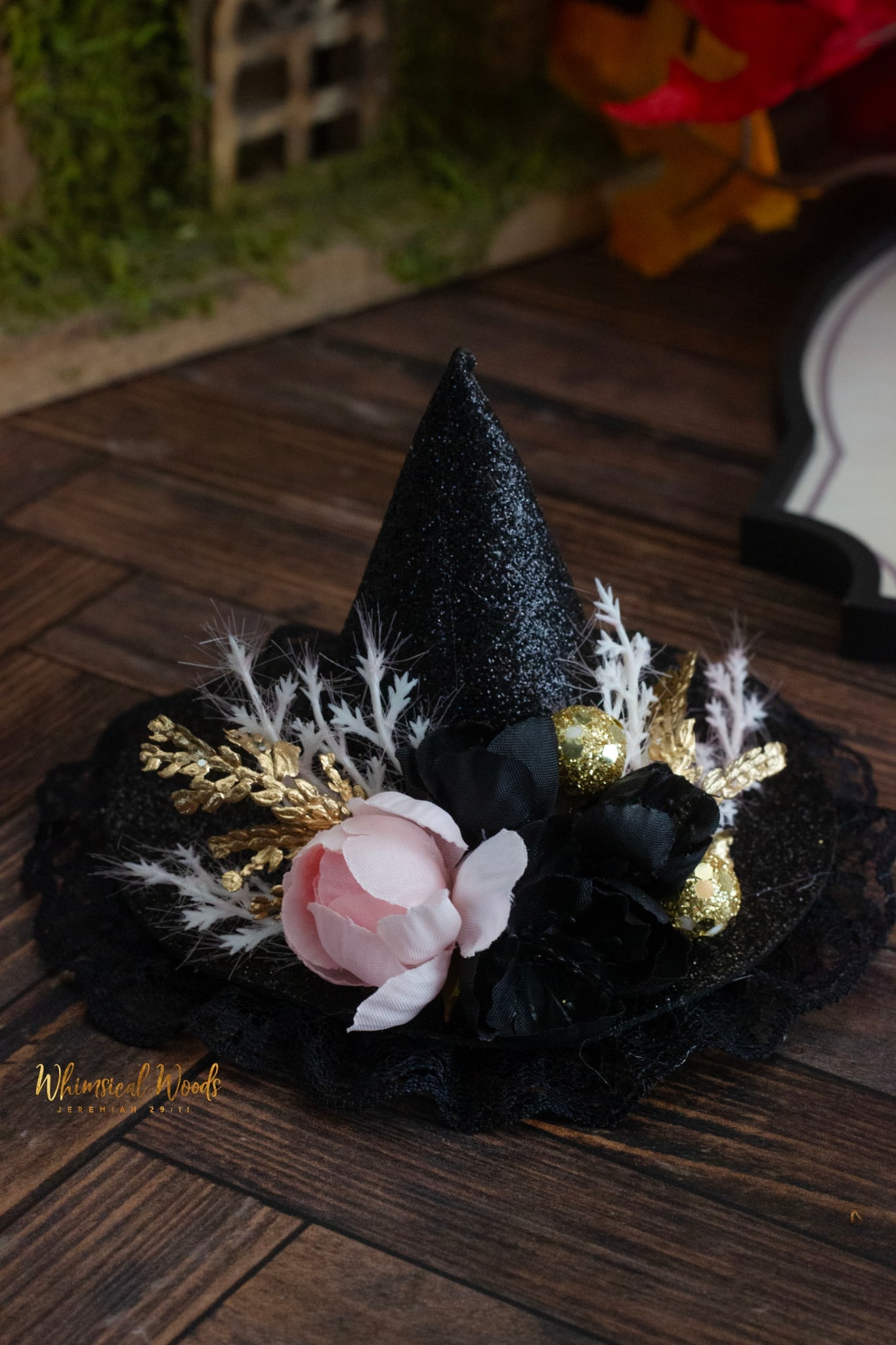 Fabulous Floral Mini Witch Hat pink black gold florals