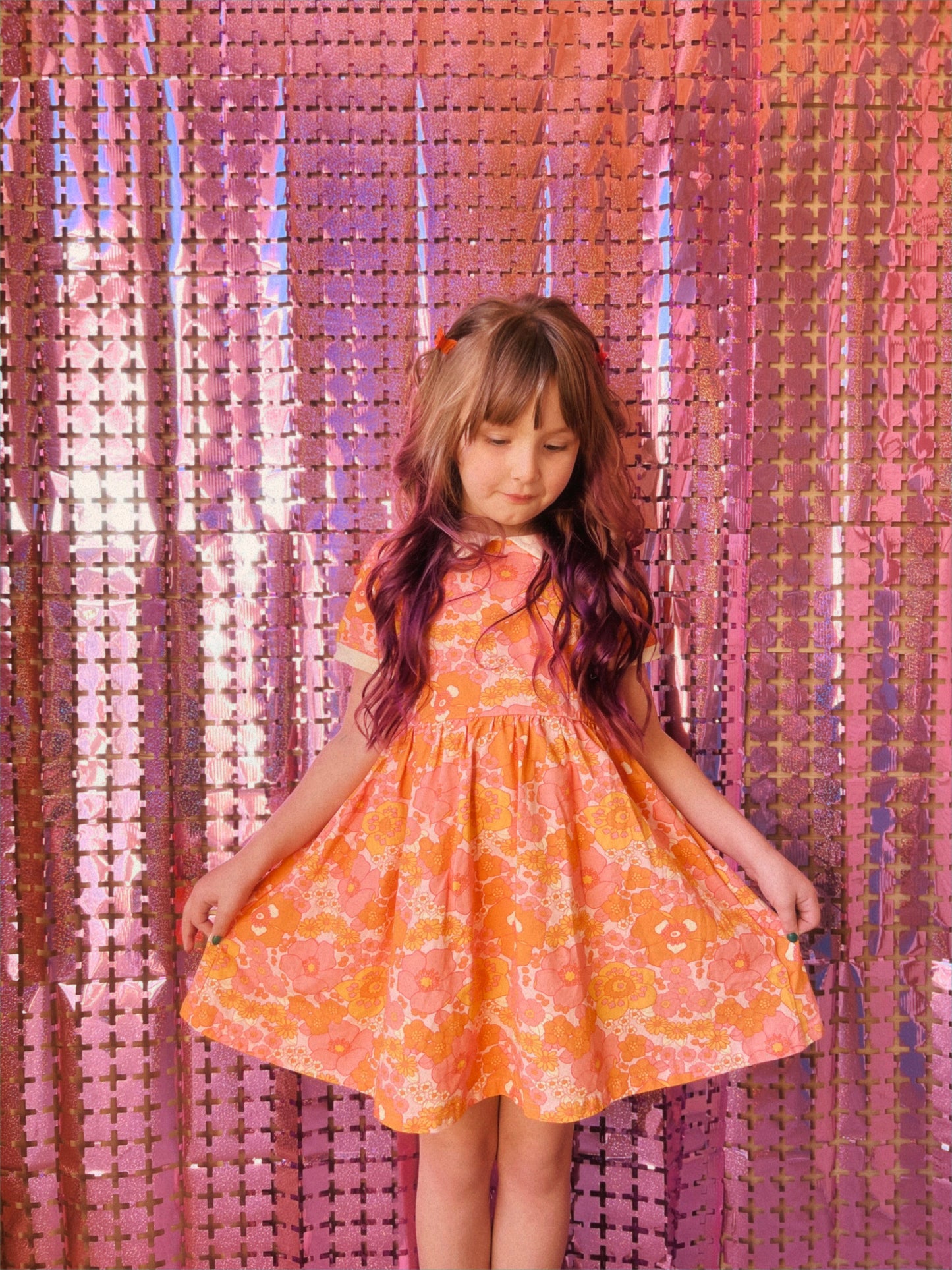 Girls' Mod Collar Dress in Orange and Pink Flower Power