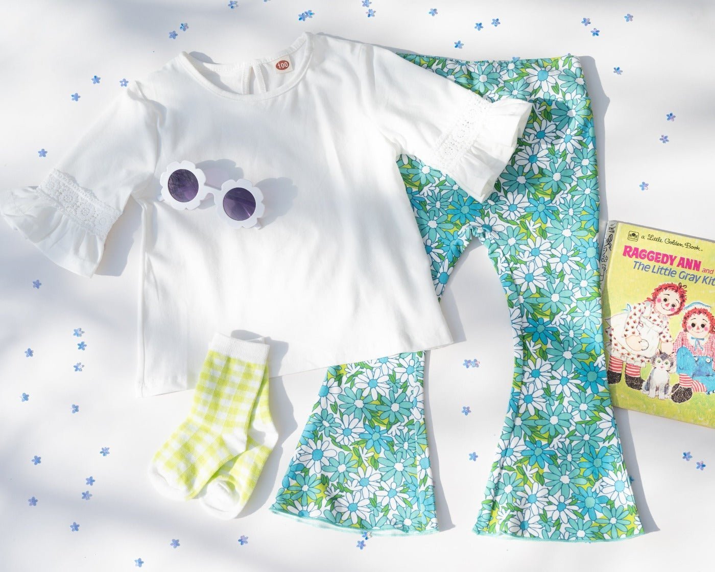 Blue Flower Power Jersey Knit Bell Bottoms for Babies, Toddlers and Girls