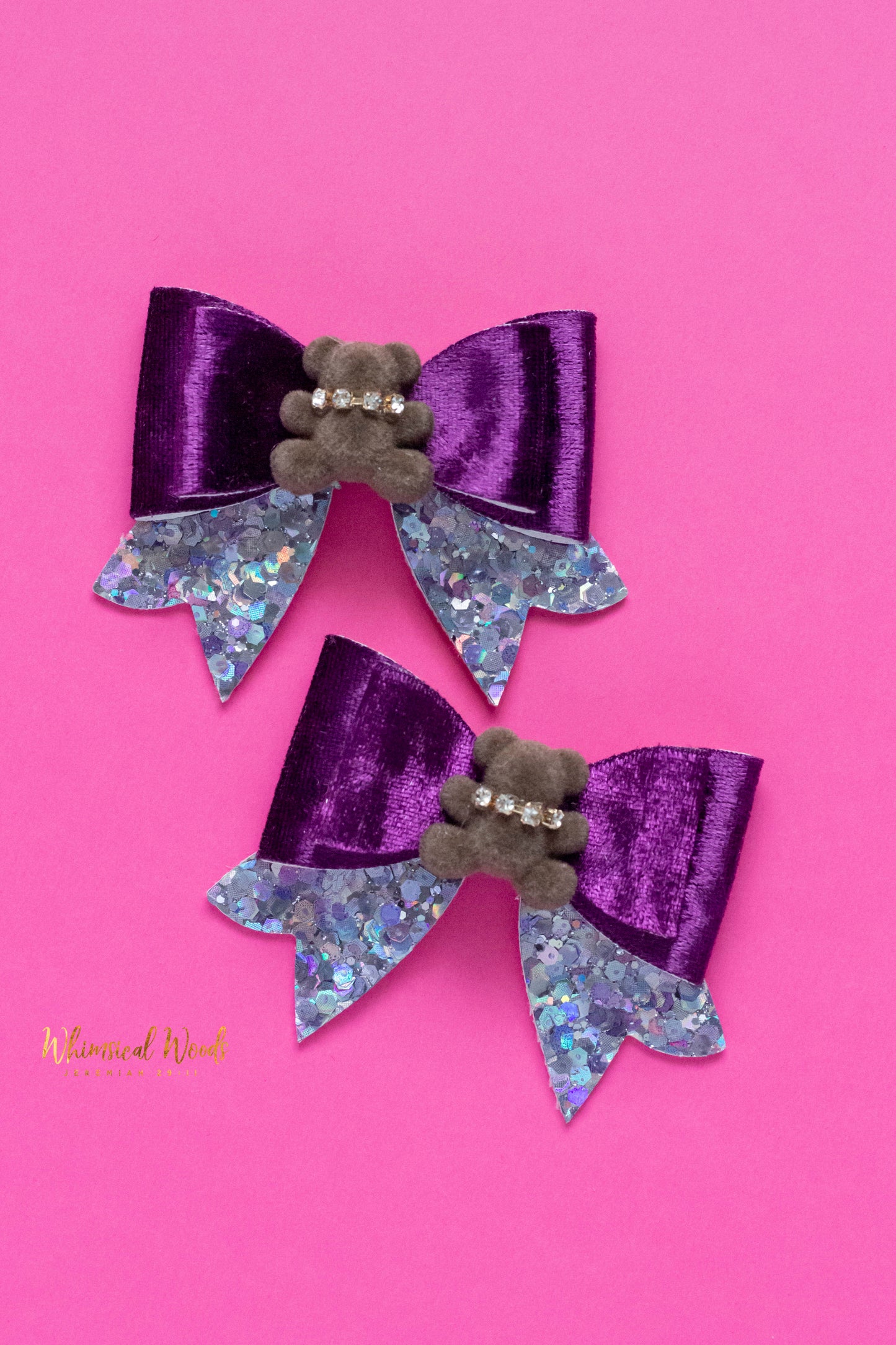 Brown Teddy on Purple Velvet and Glitter Bow