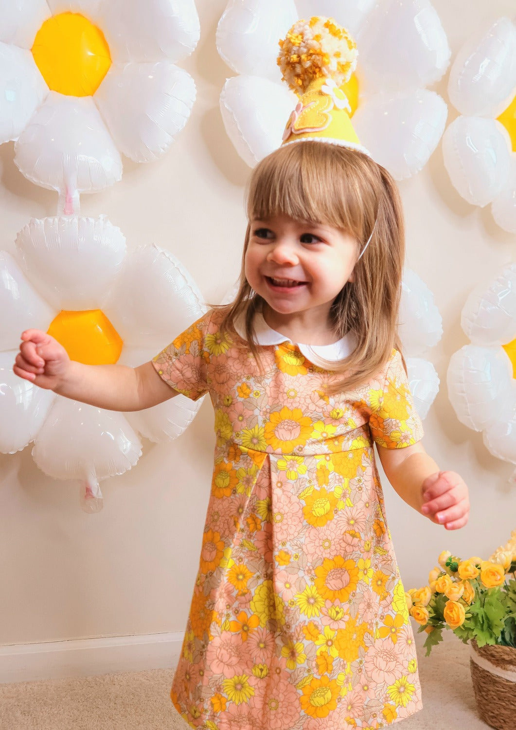 Vintage Marigold Floral Peter Pan Collar Dress Baby Toddler Girl