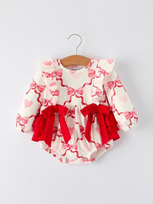 Girls Valentine Romper with Heart Print and Bowknot Design