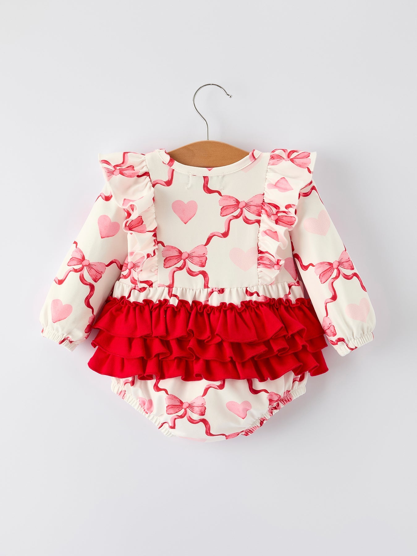 Girls Valentine Romper with Heart Print and Bowknot Design