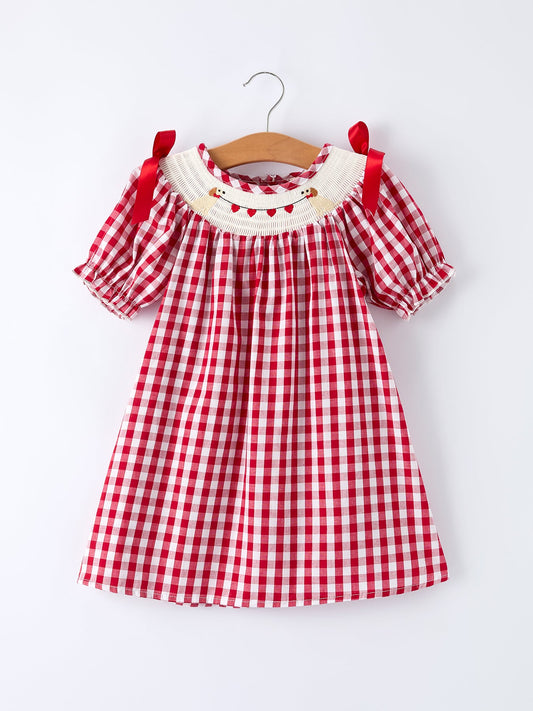 Valentine Red Plaid Dress with Smocked Heart Dog Detail and Bows