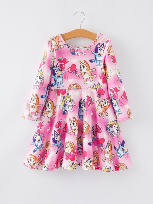 Character Print Pink Girls Long Sleeve Dress