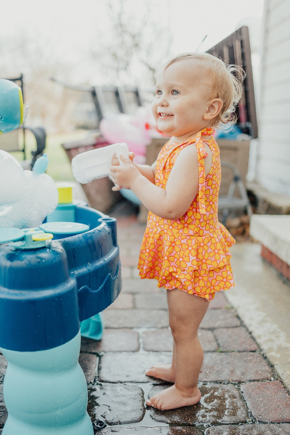 Pink and Yellow Two Piece Ruffle Swimsuit Baby Toddler Girls