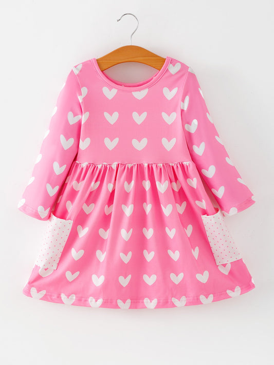 Girls Valentine’s Outfit Pink Heart Long Sleeve Dress with Pockets