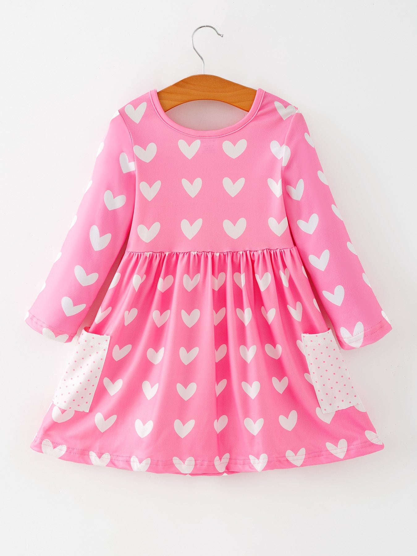 Girls Valentine’s Outfit Pink Heart Long Sleeve Dress with Pockets