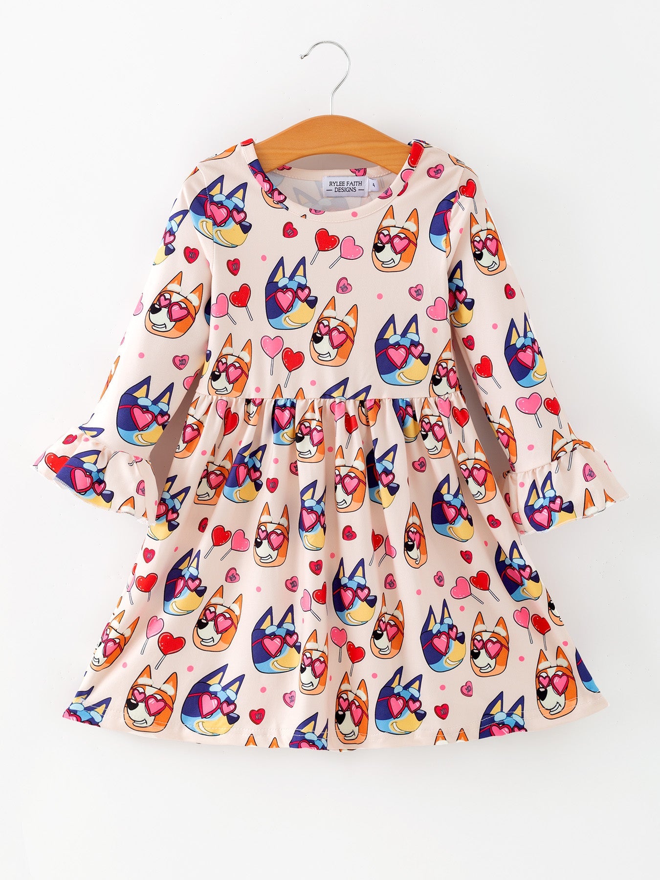 Girls' Valentine's Day Character Print Love Lollipop Ruffle Sleeve Dress