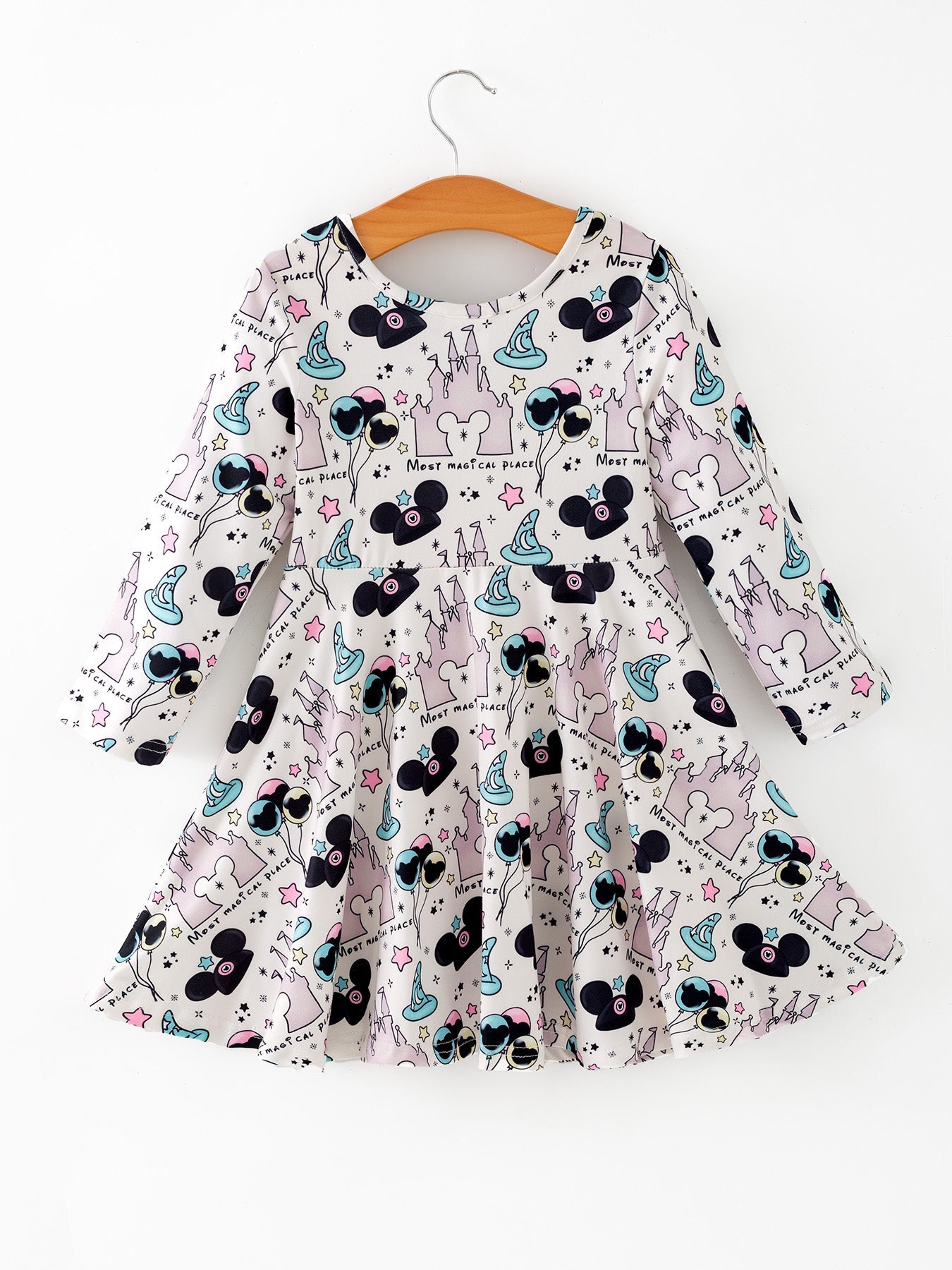 Valentine's Day Girls Castle Character Print Long Sleeve Dress