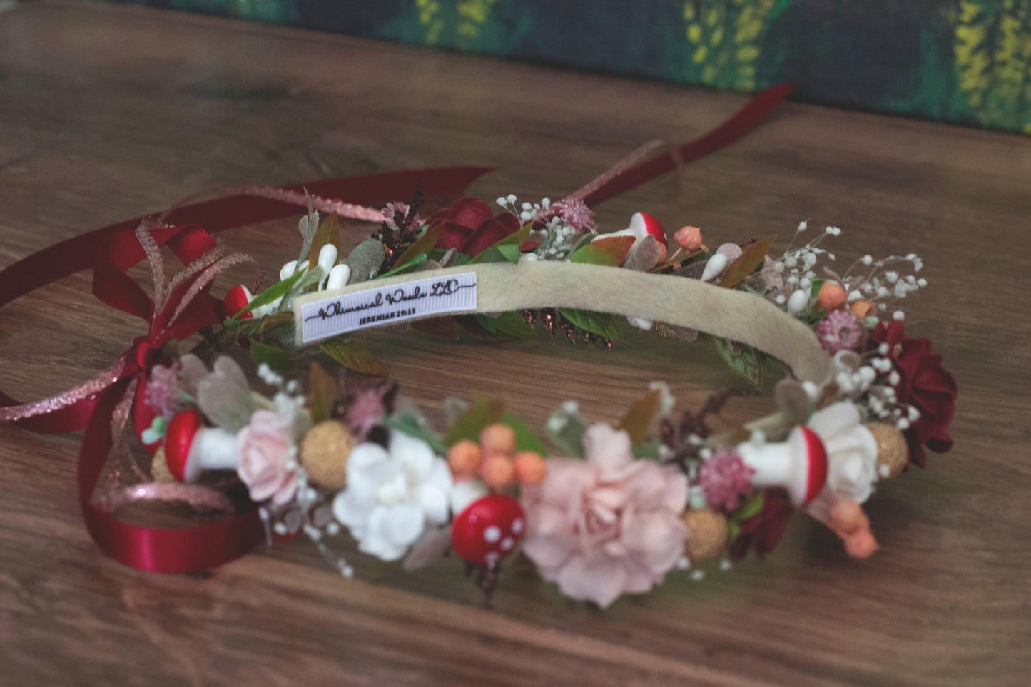 Handmade Forest Fairy Halo with mushrooms, mulberry and dried flowers