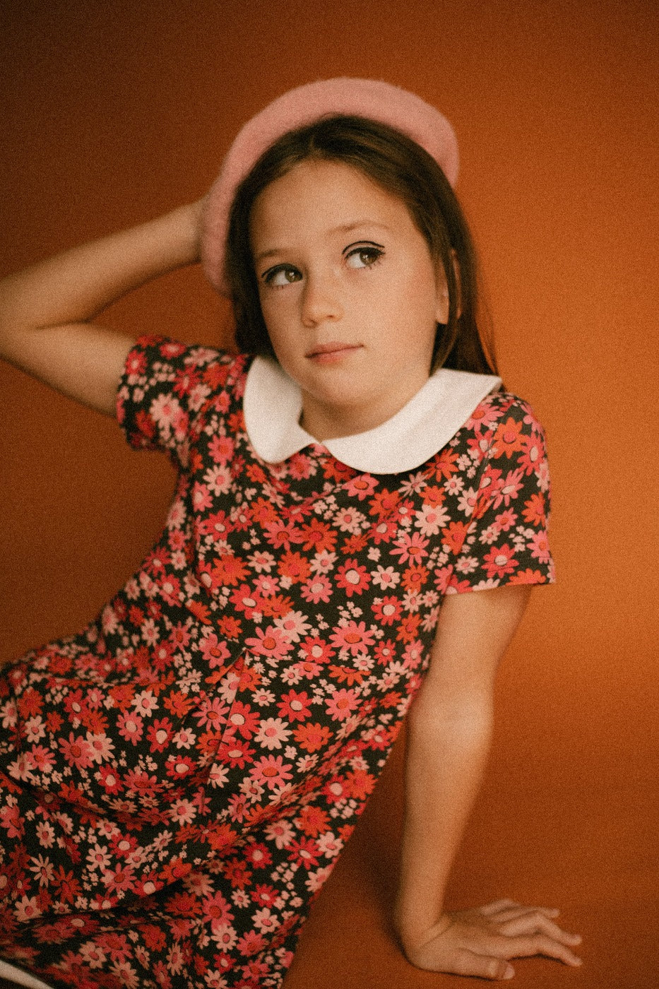 Retro Mod Navy and Pink Flower Peter Pan Collar Floral Dress