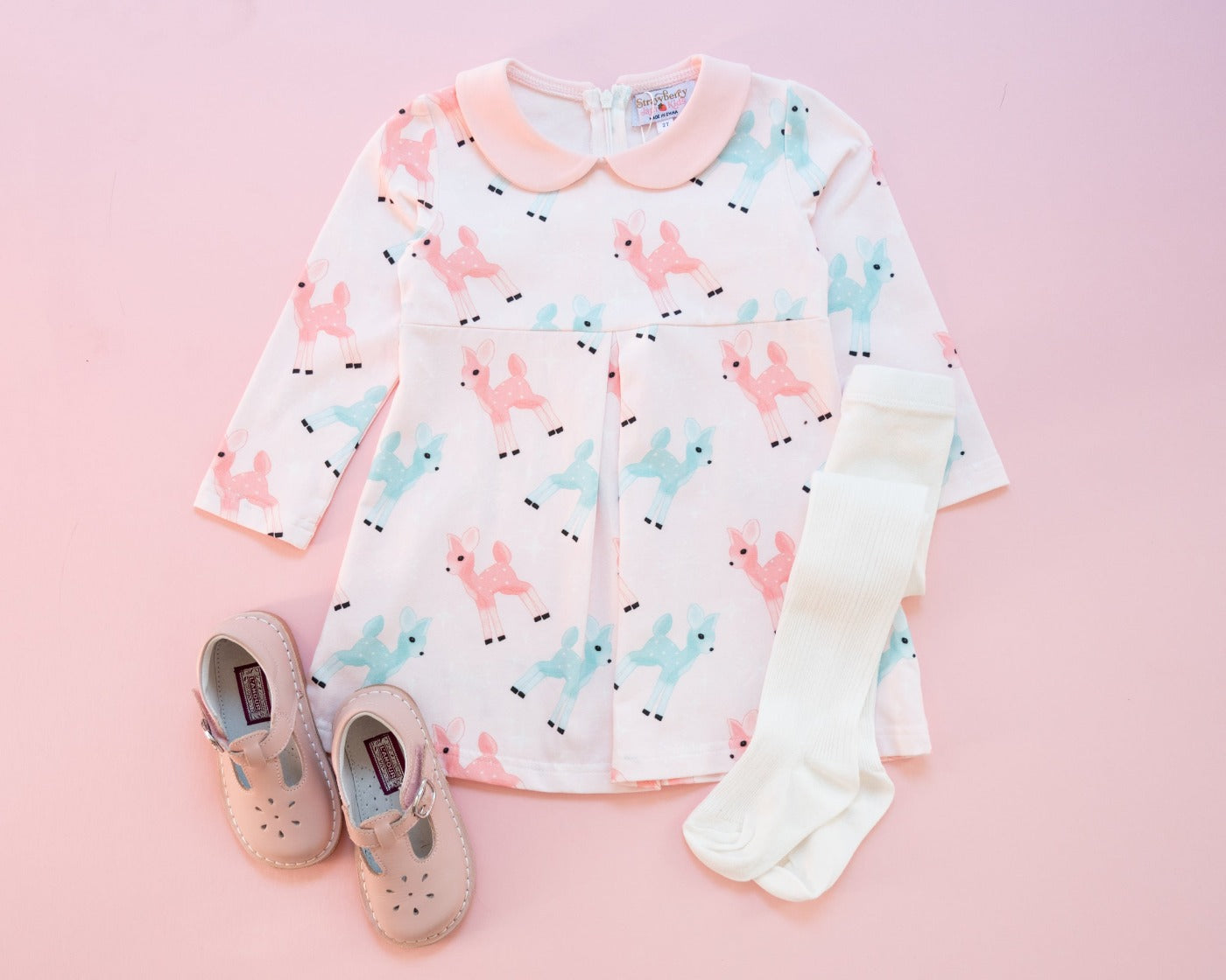 Pink Dress with Retro Deer for Girls