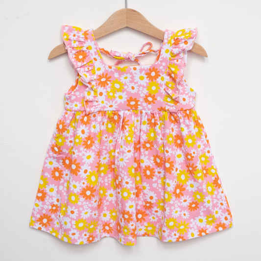 Pink and Yellow Floral Tie Back Flutter Colorful Vintage Dress Toddler Girls