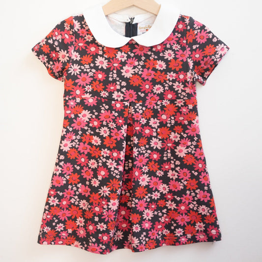 Retro Mod Navy and Pink Flower Peter Pan Collar Floral Dress