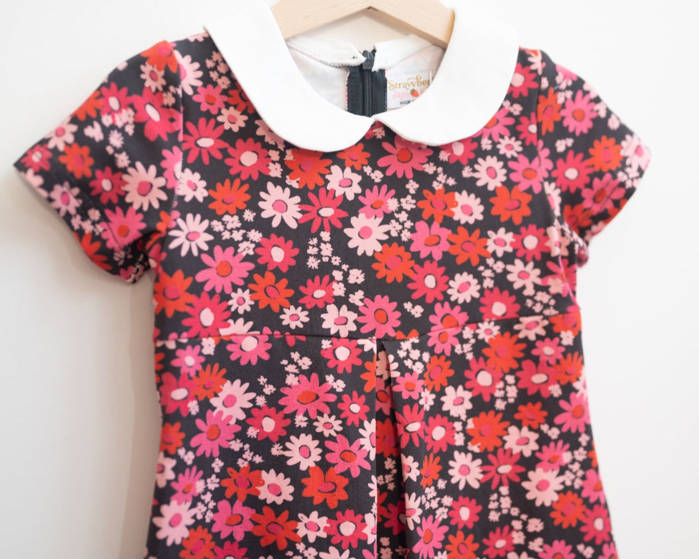 Retro Mod Navy and Pink Flower Peter Pan Collar Floral Dress
