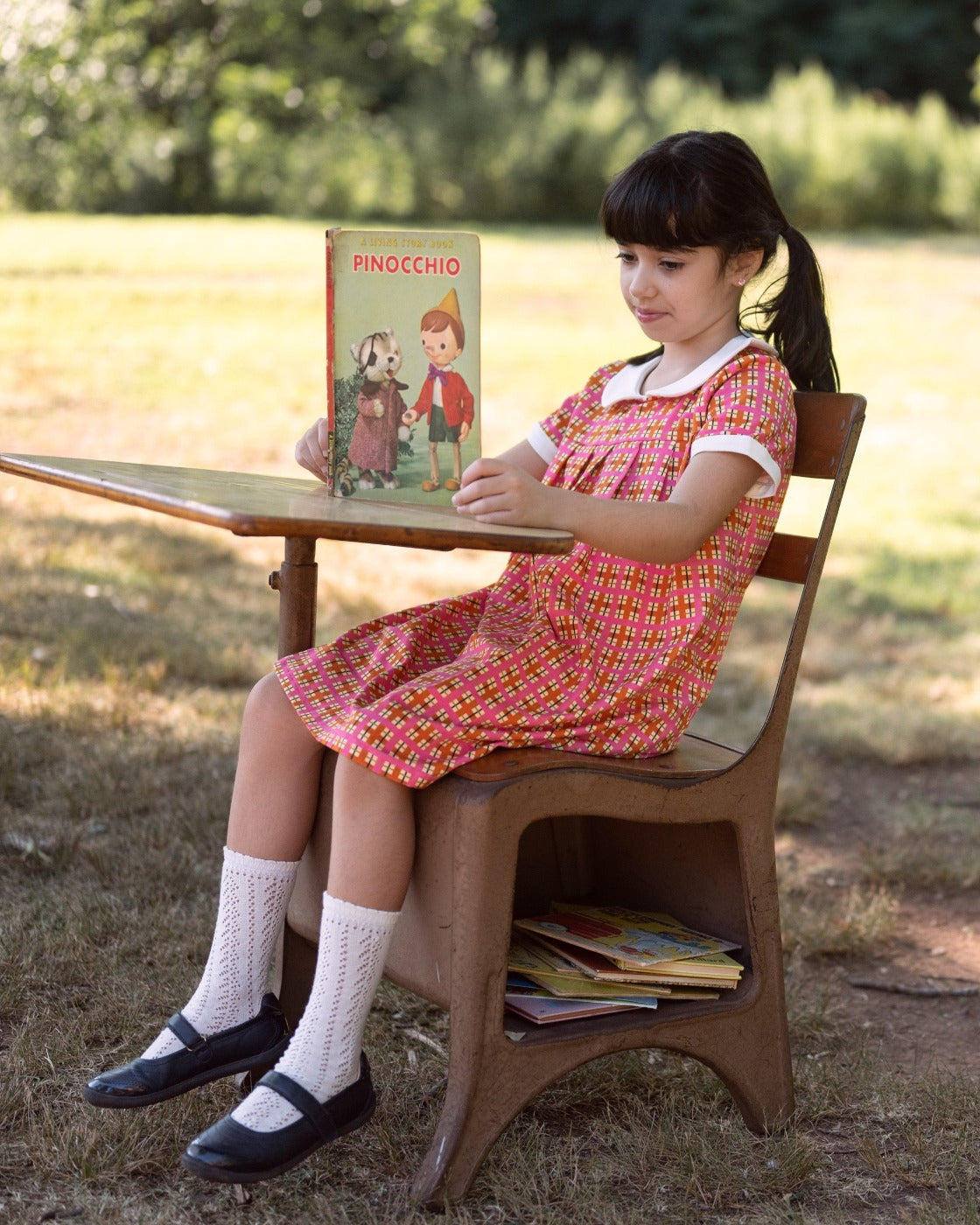 Retro Pink Plaid Pleated Peter Pan Collar Dress