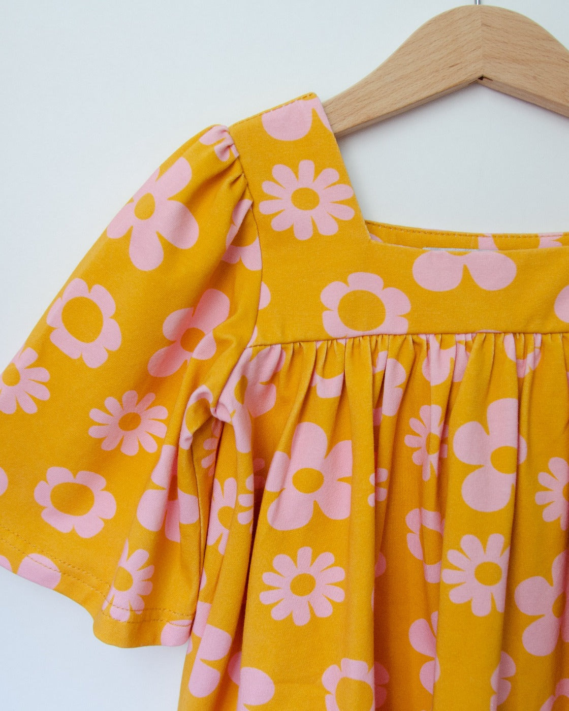 Retro Mustard Daisy Bell Sleeve Top for Baby Toddler and Girls