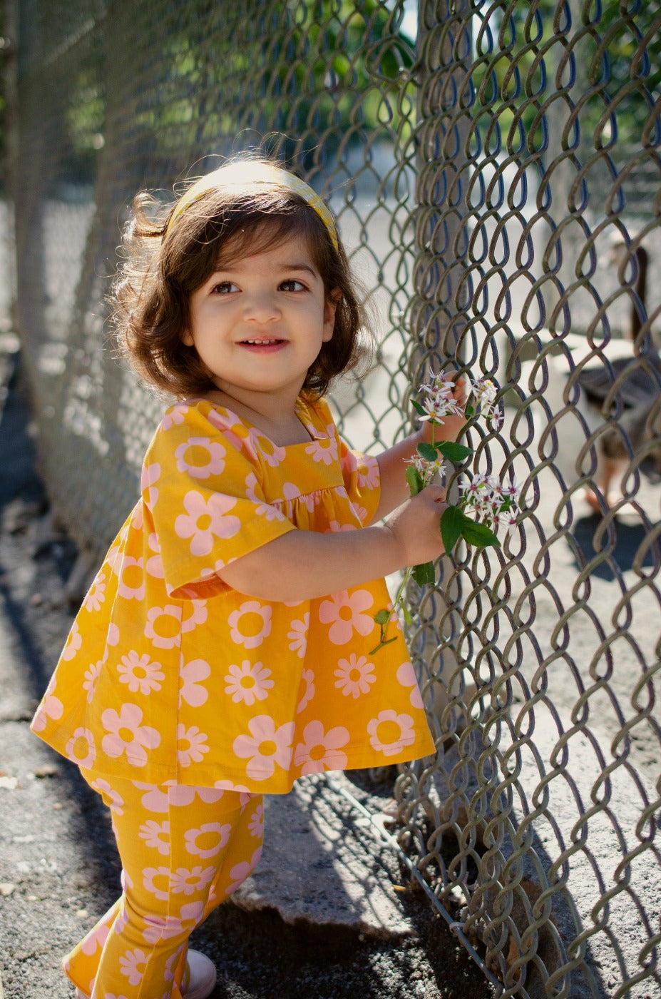 Retro Mustard Daisy Bell Sleeve Top for Baby Toddler and Girls