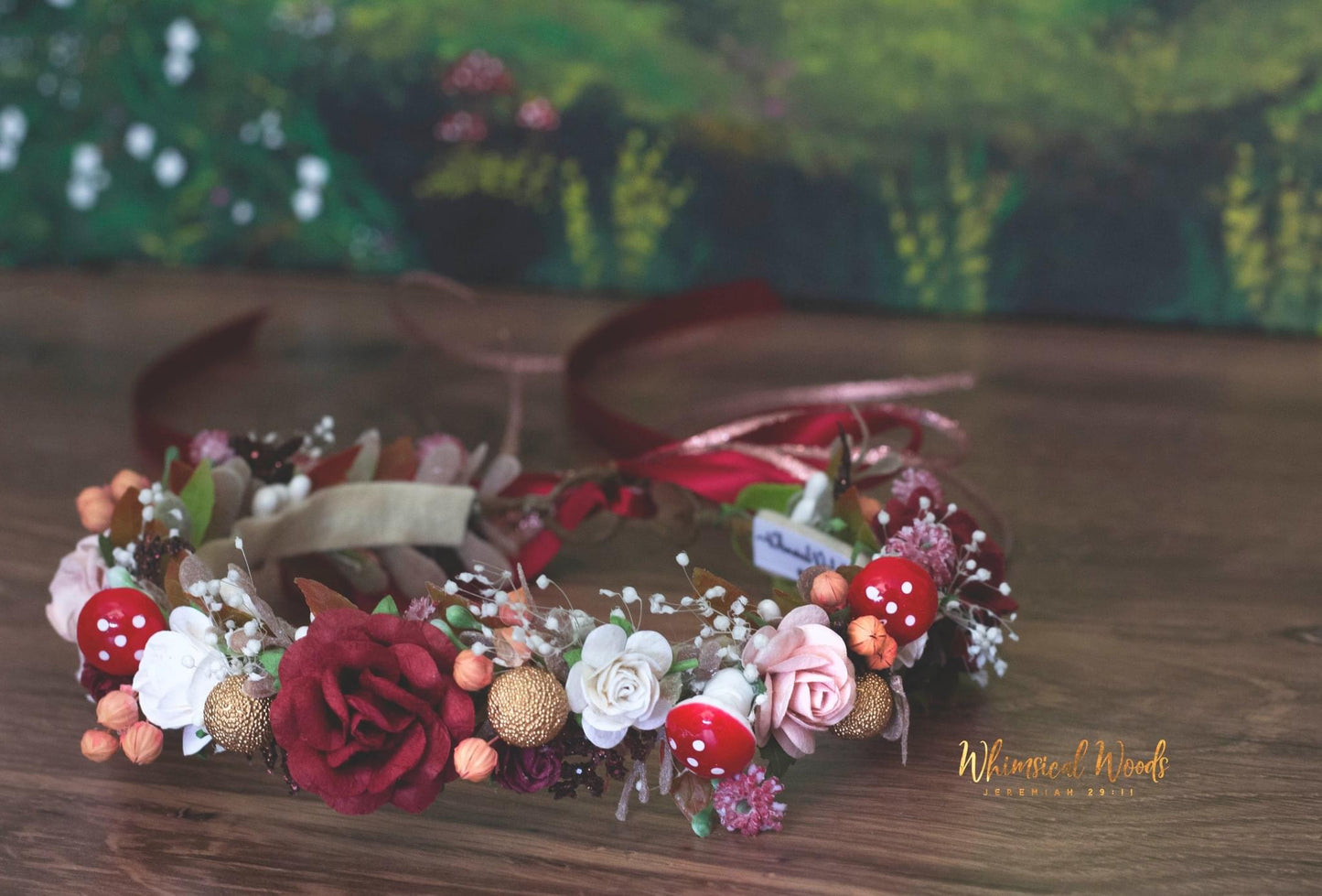Handmade Forest Fairy Halo with mushrooms, mulberry and dried flowers