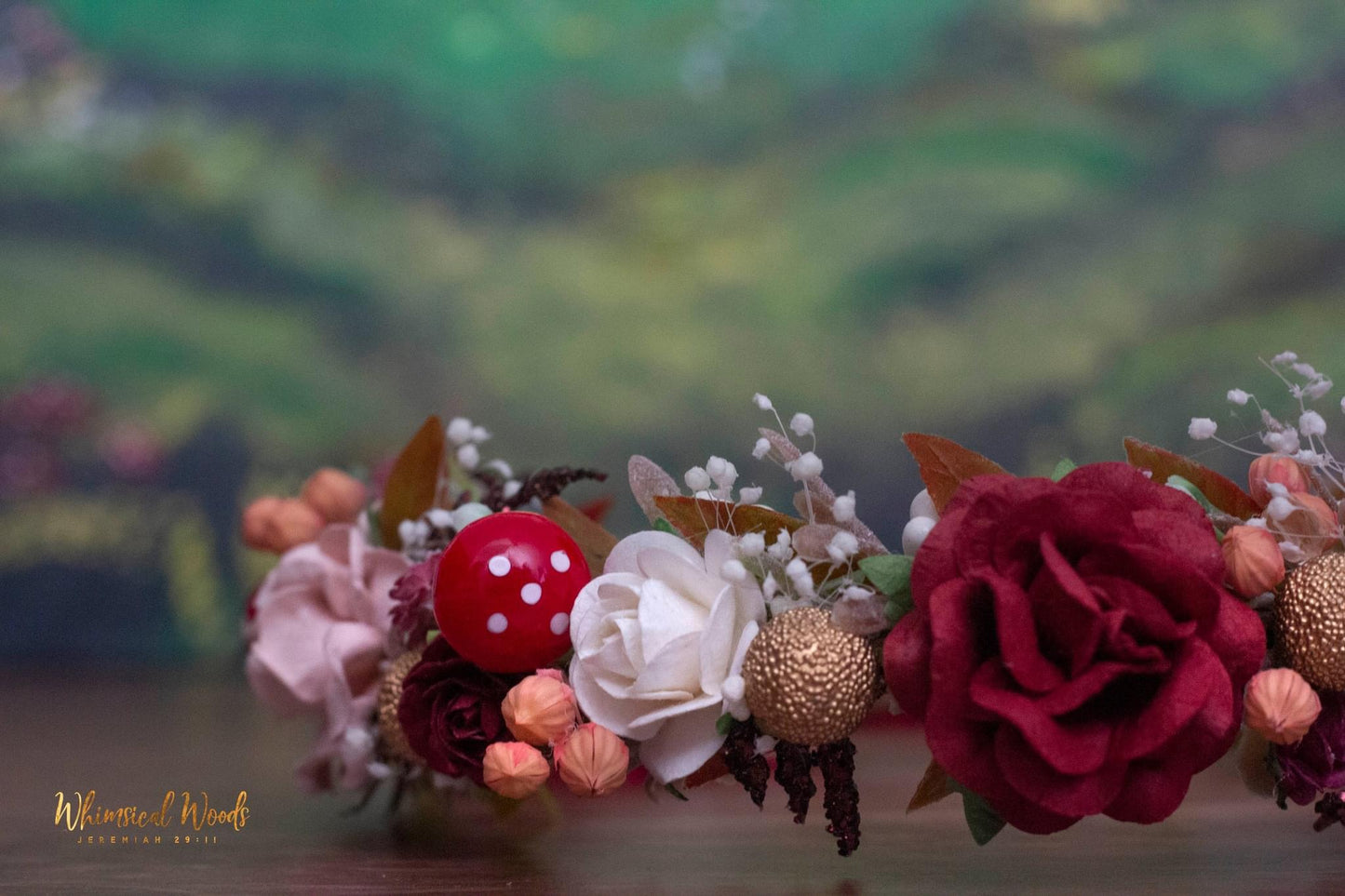 Handmade Forest Fairy Halo with mushrooms, mulberry and dried flowers