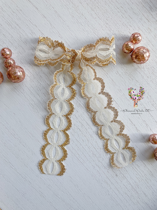 4” longtail Bow Ivory + Gold Beaded Lace Bow handmade