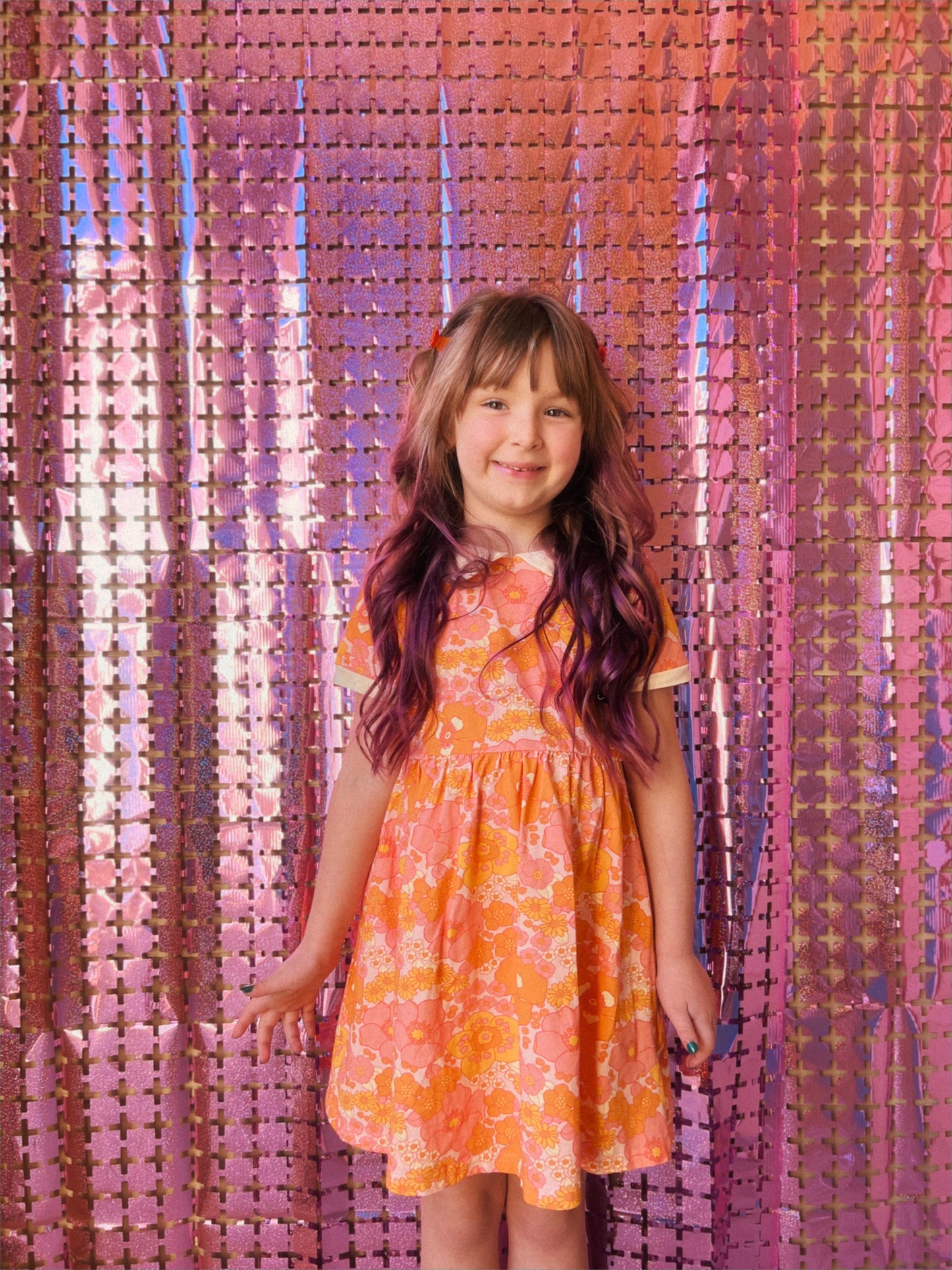 Girls' Mod Collar Dress in Orange and Pink Flower Power