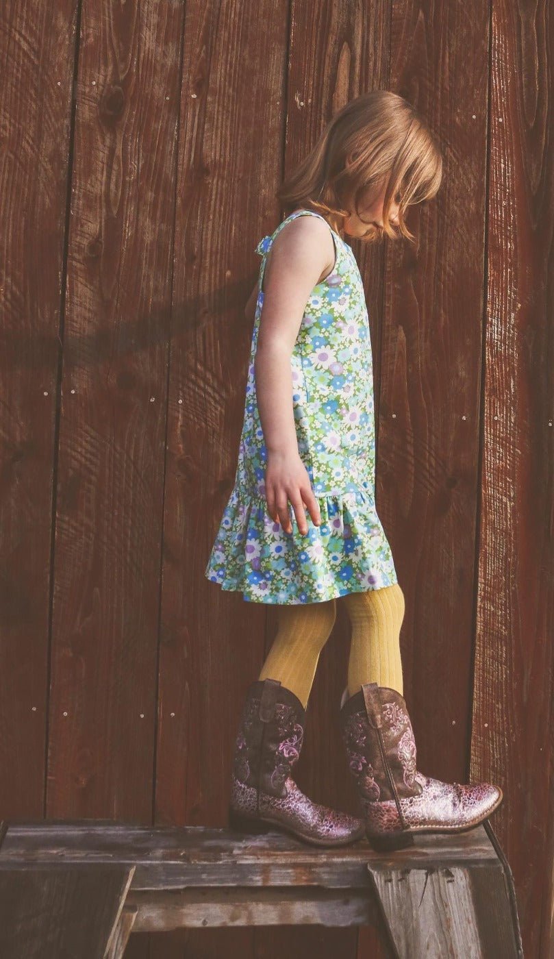 Blue and Green Flower Power Drop Waist Dress for Babies, Toddler and Girls