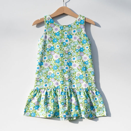 Blue and Green Flower Power Drop Waist Dress for Babies, Toddler and Girls