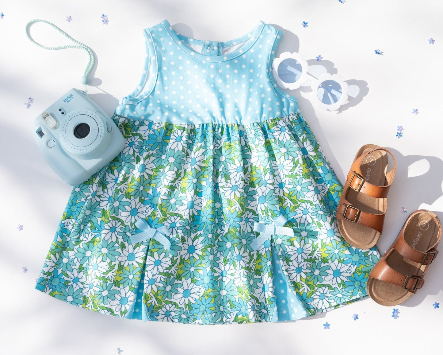 Blue Flower Power and Polka Dot Dress for Baby and Toddler Girls