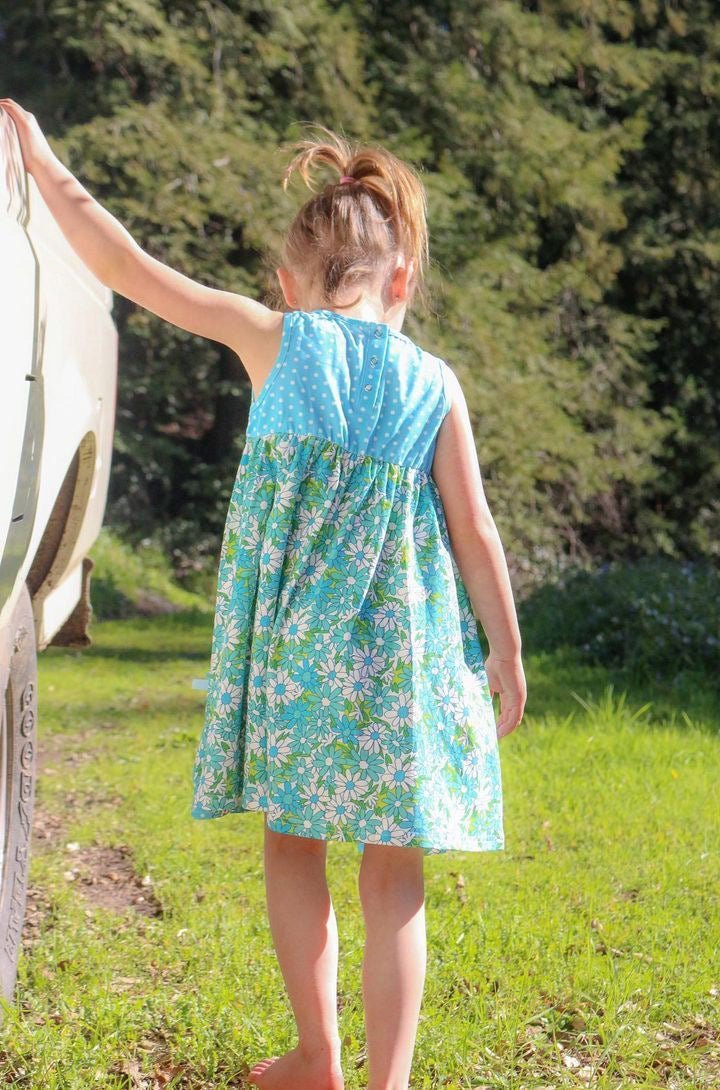 Blue Flower Power and Polka Dot Dress for Baby and Toddler Girls