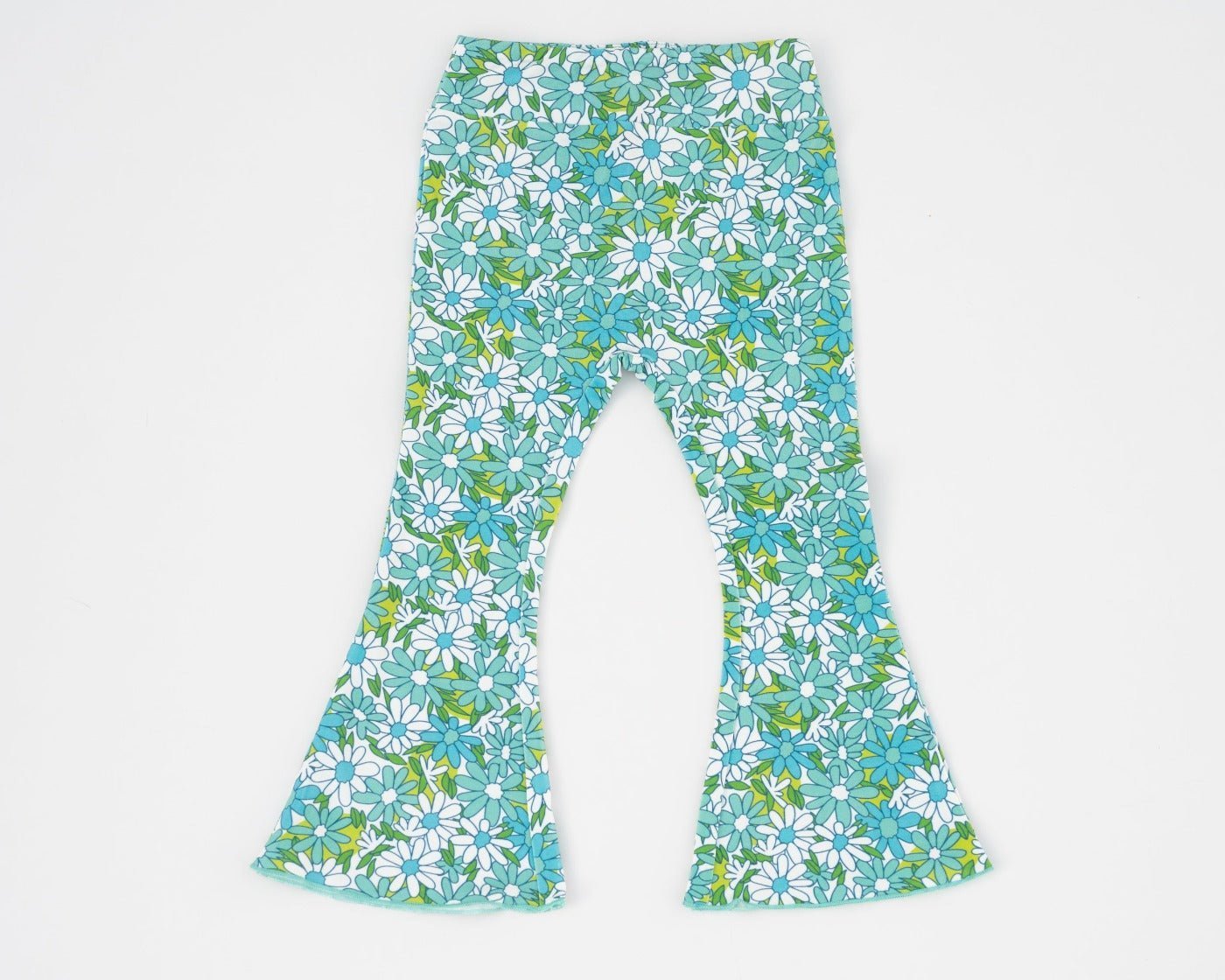 Blue Flower Power Jersey Knit Bell Bottoms for Babies, Toddlers and Girls