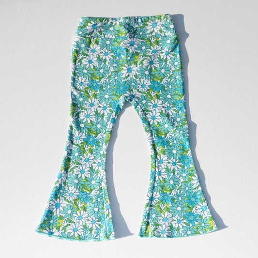 Blue Flower Power Jersey Knit Bell Bottoms for Babies, Toddlers and Girls