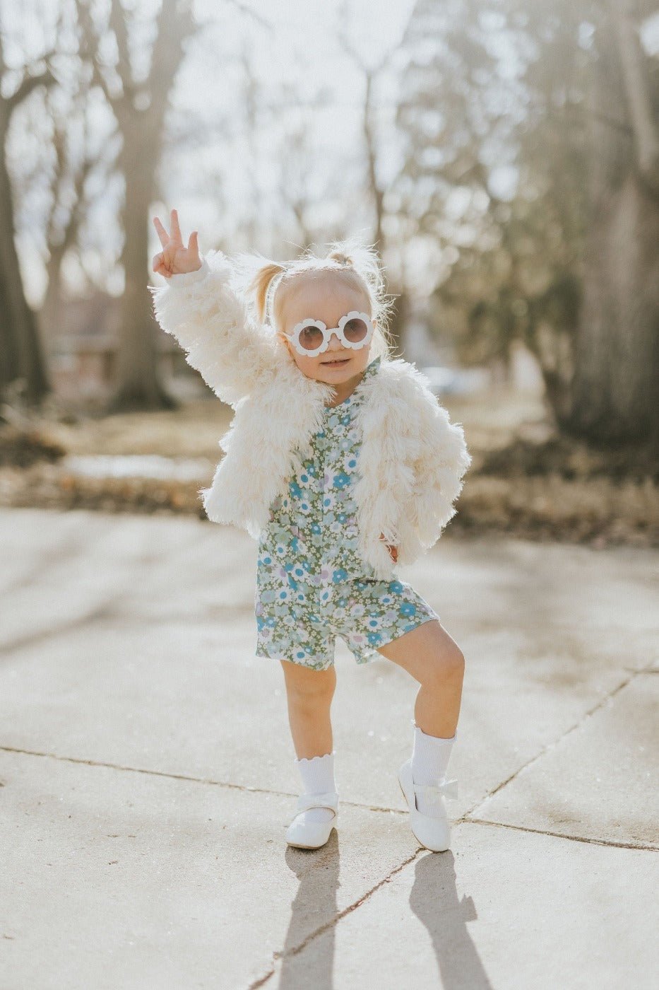 Green and Blue Flower Power Double Gauze Romper for Babies and Toddler Girls