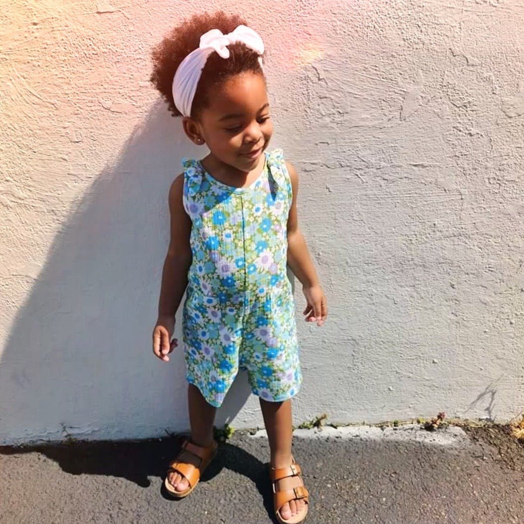 Green and Blue Flower Power Double Gauze Romper for Babies and Toddler Girls
