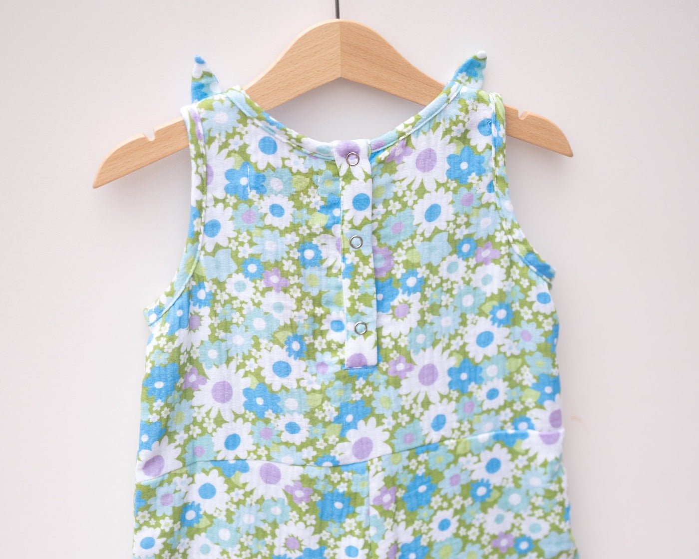 Green and Blue Flower Power Double Gauze Romper for Babies and Toddler Girls