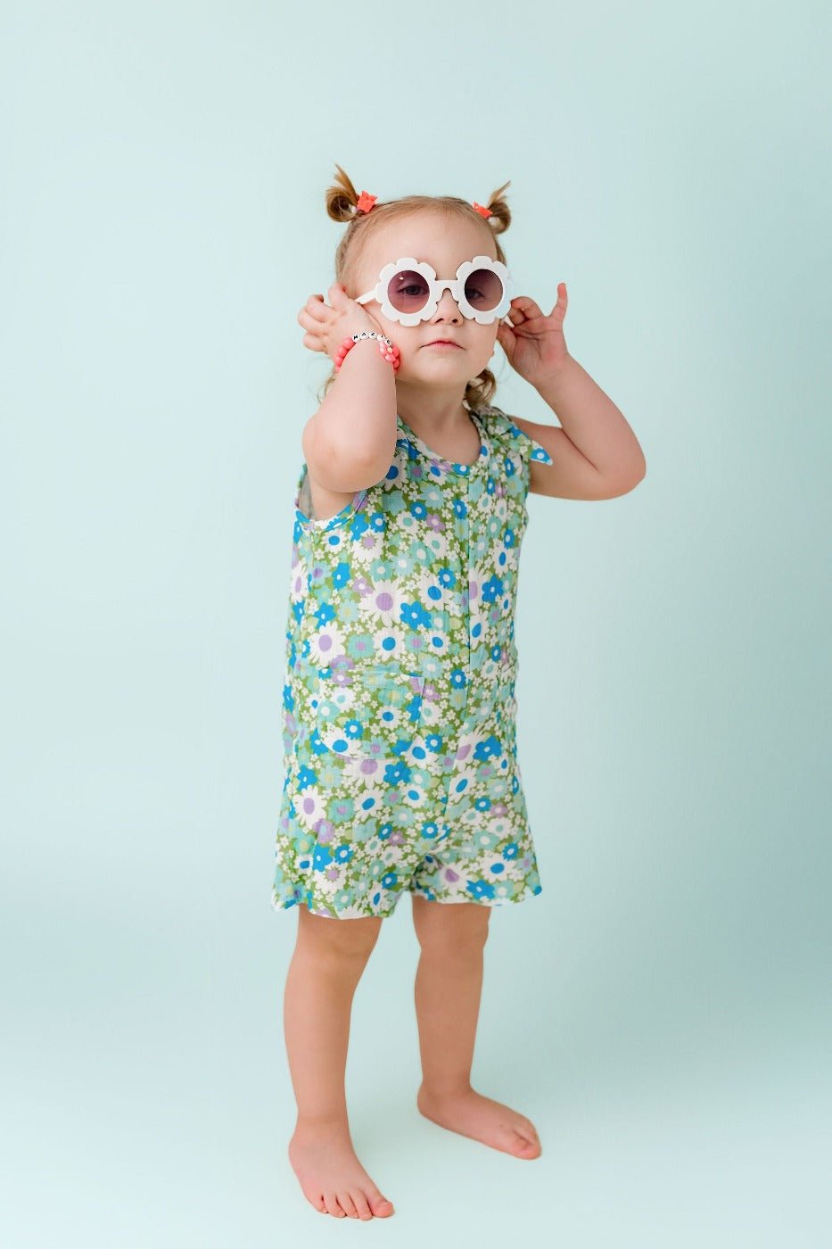 Green and Blue Flower Power Double Gauze Romper for Babies and Toddler Girls