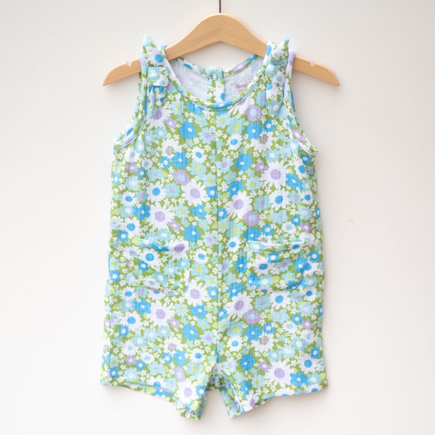 Green and Blue Flower Power Double Gauze Romper for Babies and Toddler Girls