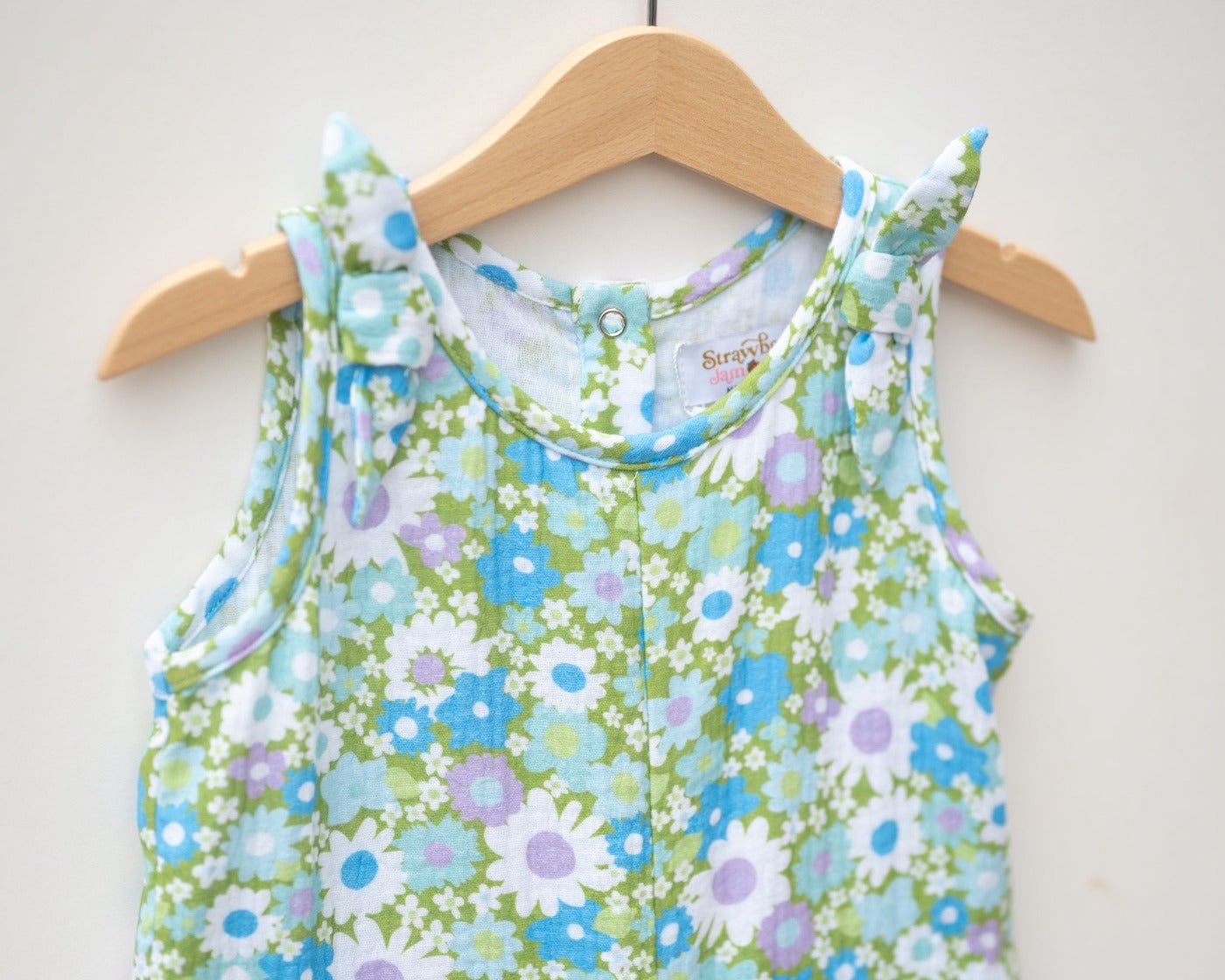 Green and Blue Flower Power Double Gauze Romper for Babies and Toddler Girls