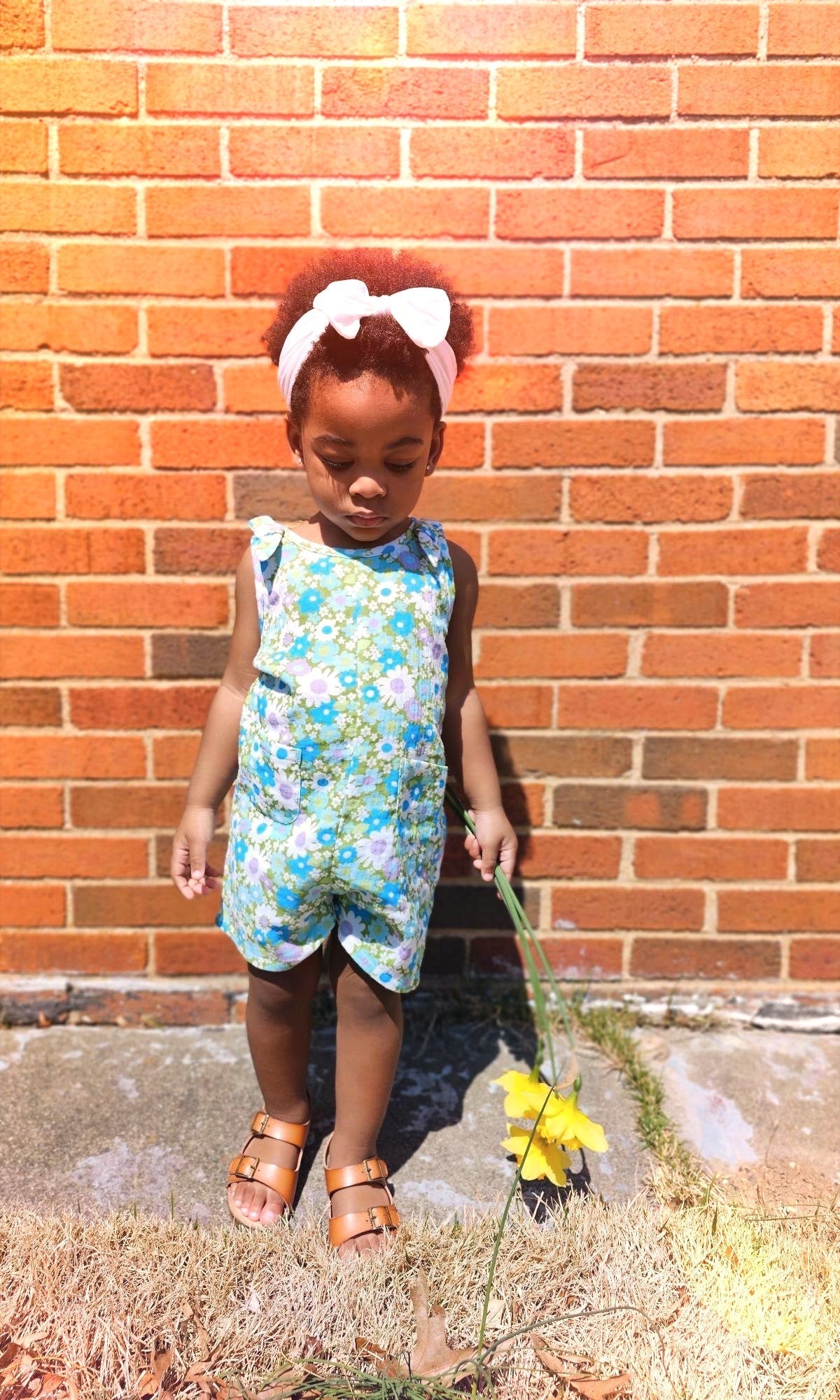 Green and Blue Flower Power Double Gauze Romper for Babies and Toddler Girls