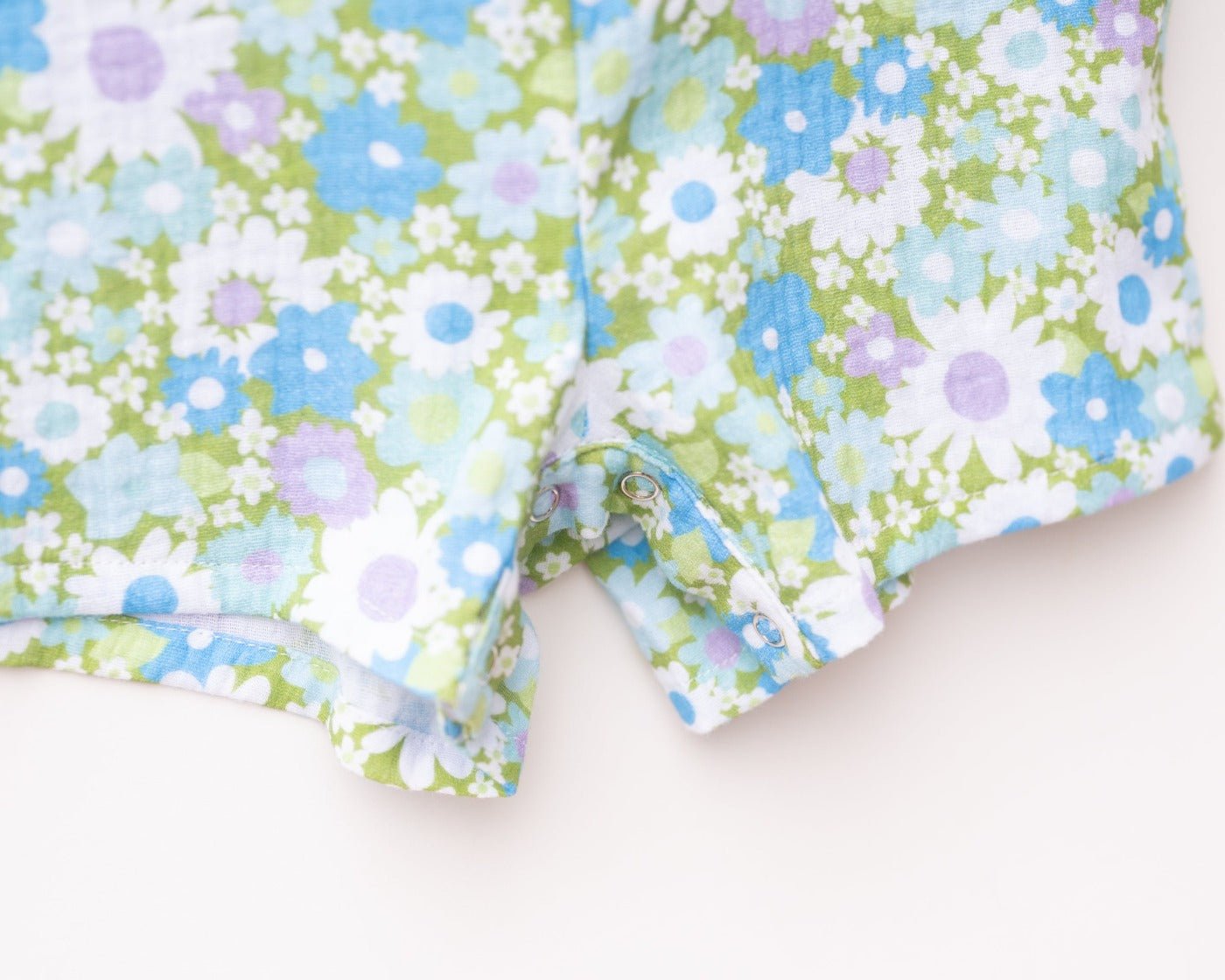 Green and Blue Flower Power Double Gauze Romper for Babies and Toddler Girls