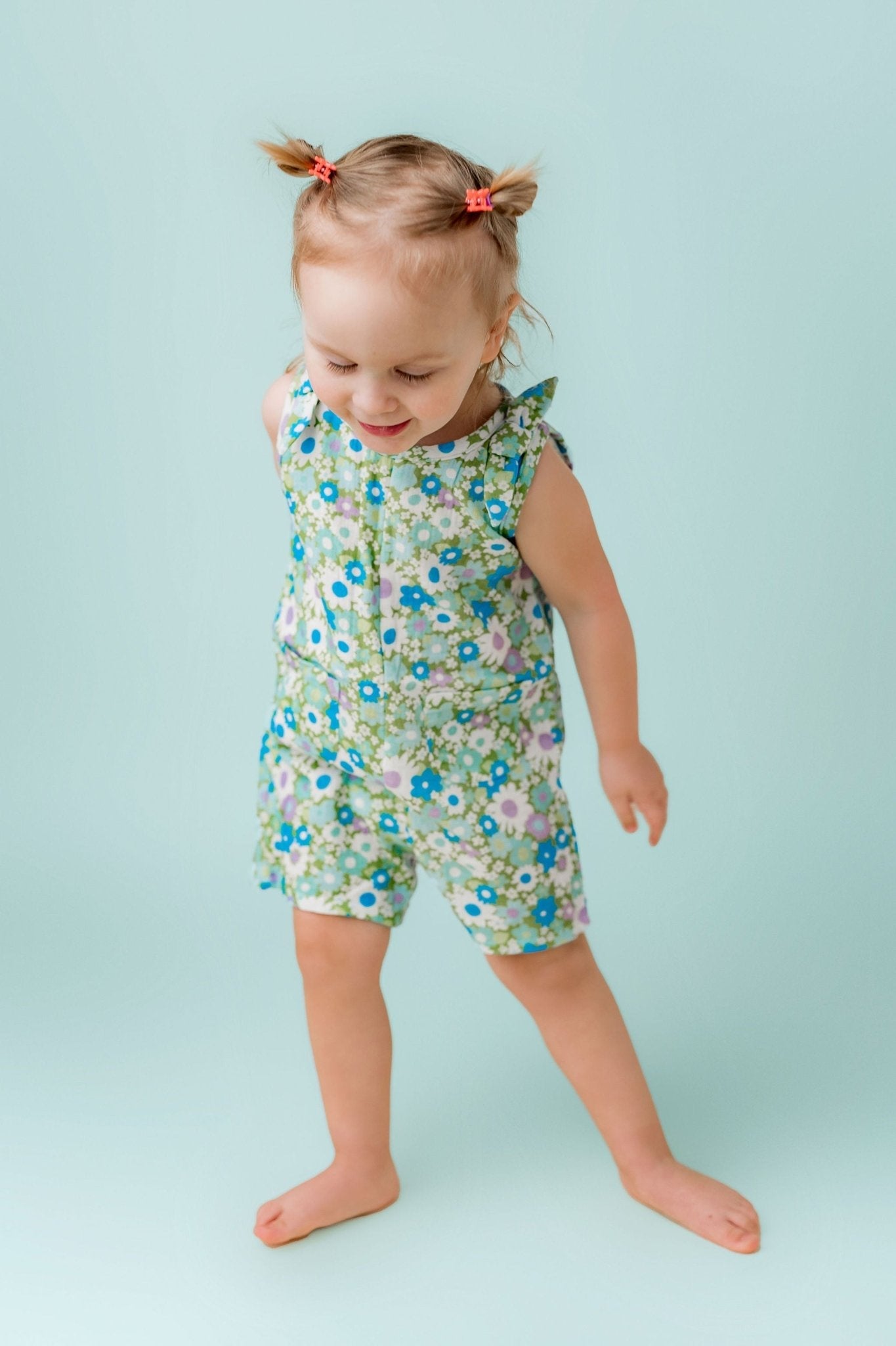 Green and Blue Flower Power Double Gauze Romper for Babies and Toddler Girls