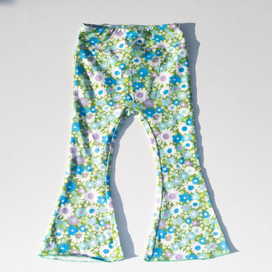 Green and Blue Flower Power Jersey Knit Bell Bottoms for Babies, Toddlers and Girls