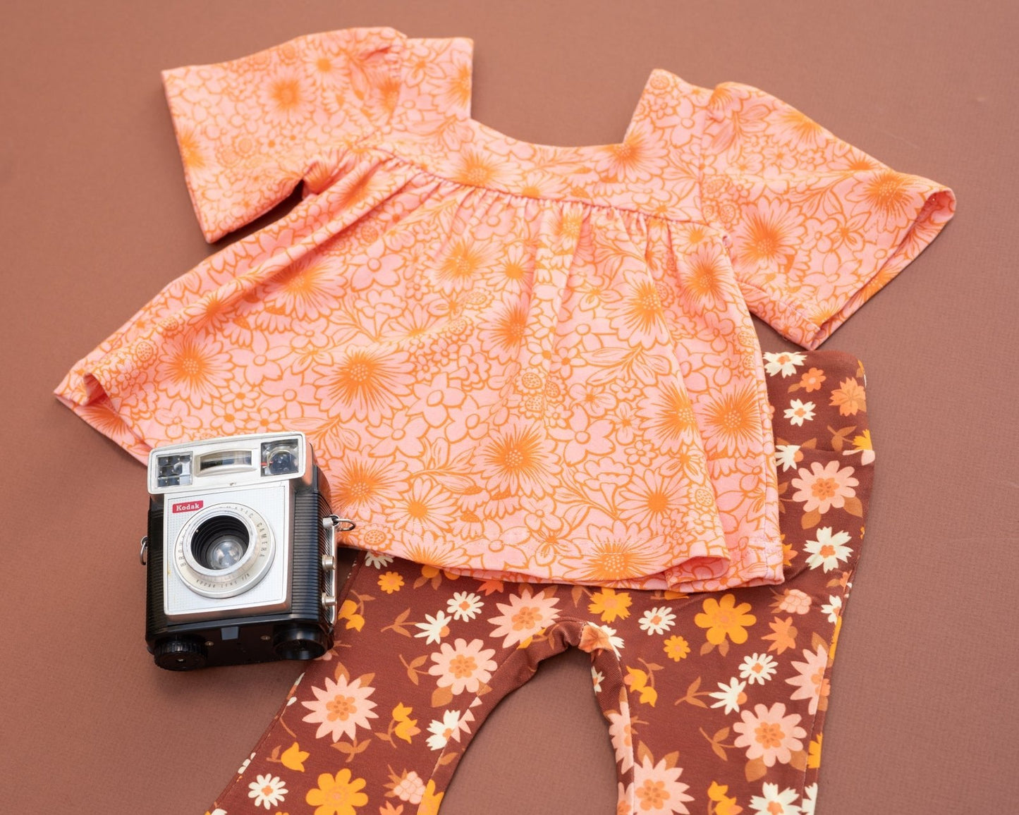 Groovy Pink and Orange Floral Bell Sleeve Top for Baby Toddler Girls