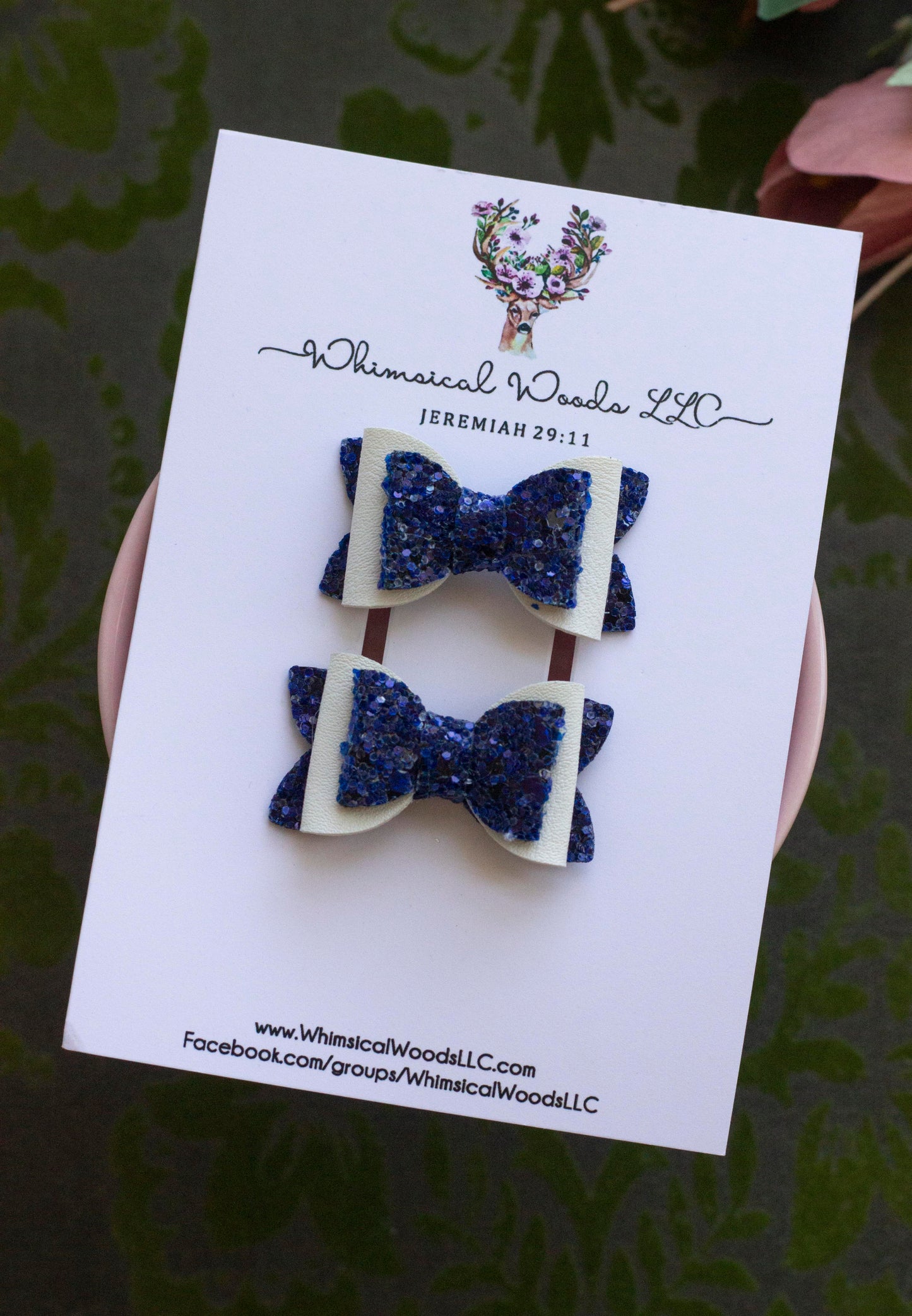White vegan leather and Navy Glitter 1.5” Double Micro Piggies Pigtail Set handmade