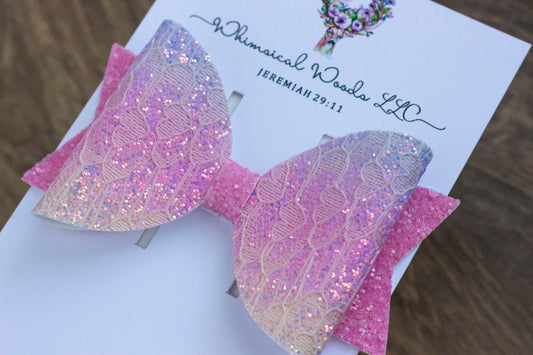 Pink Pastel Rainbow Glitter Lace Bow 4.5" handmade