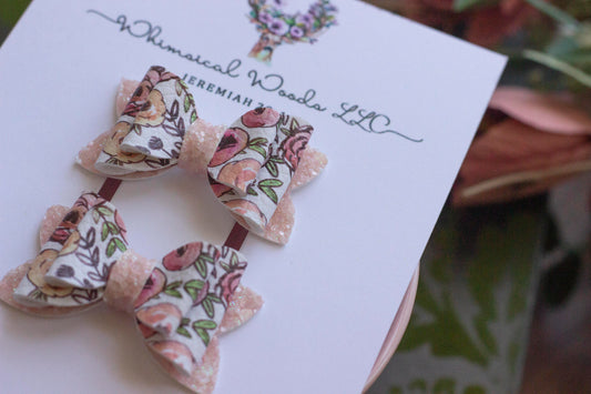 Pink Ranunculus with Peach Glitter 1.5” Double Micro Piggies Pigtail Set handmade