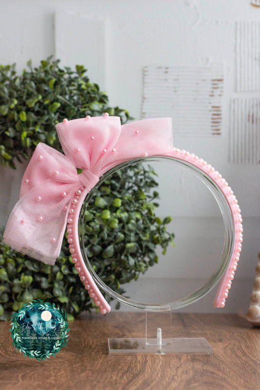 Pink Tulle and Pearls Bow Headband eotw